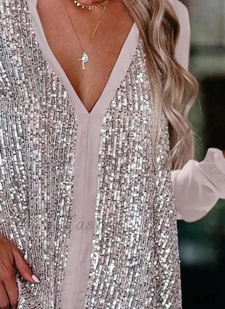 Amy Fashion - Elegant Long Sleeve Sequin Blouses Shirt