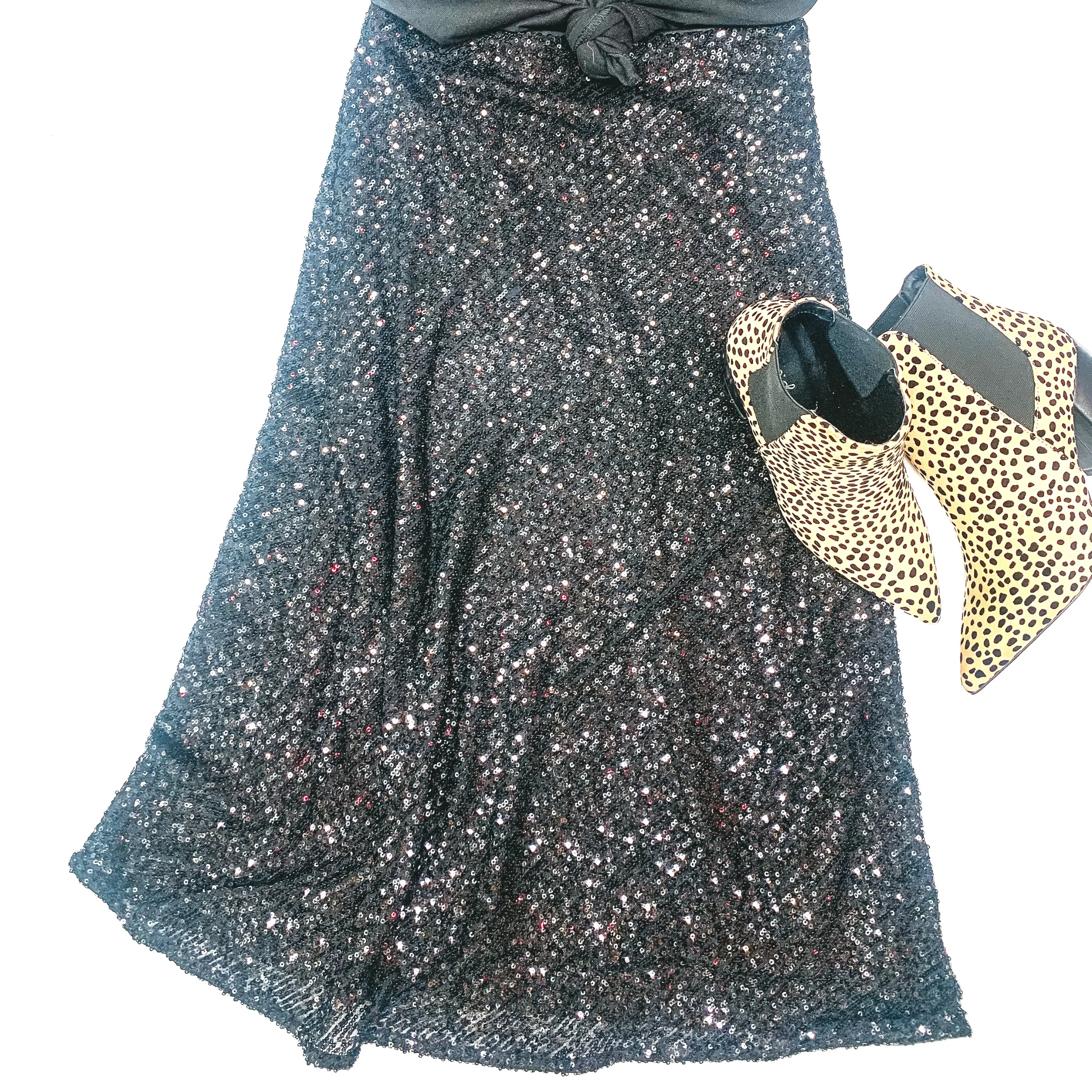 Beating Expectations Solid Sequin Midi Skirt in Black