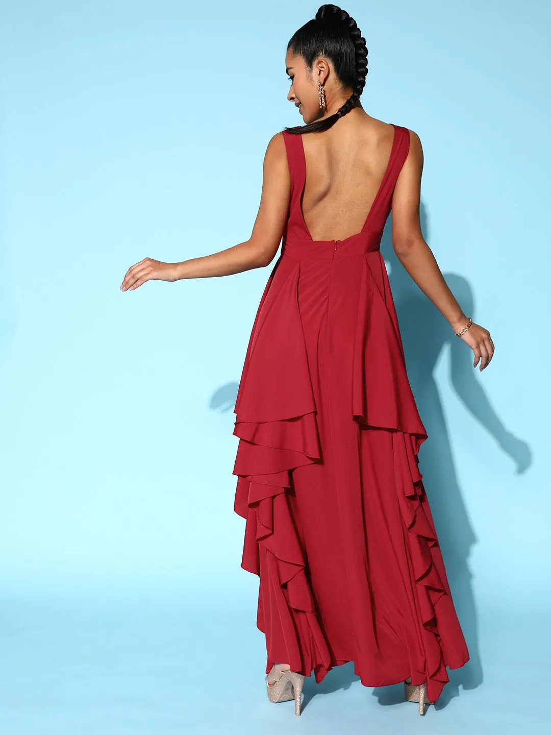 Berrylush Women Solid Red V-Neck Open-Back Crepe Layered Maxi Dress