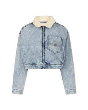 Bi Material Shearling Collar Cropped Denim Jacket