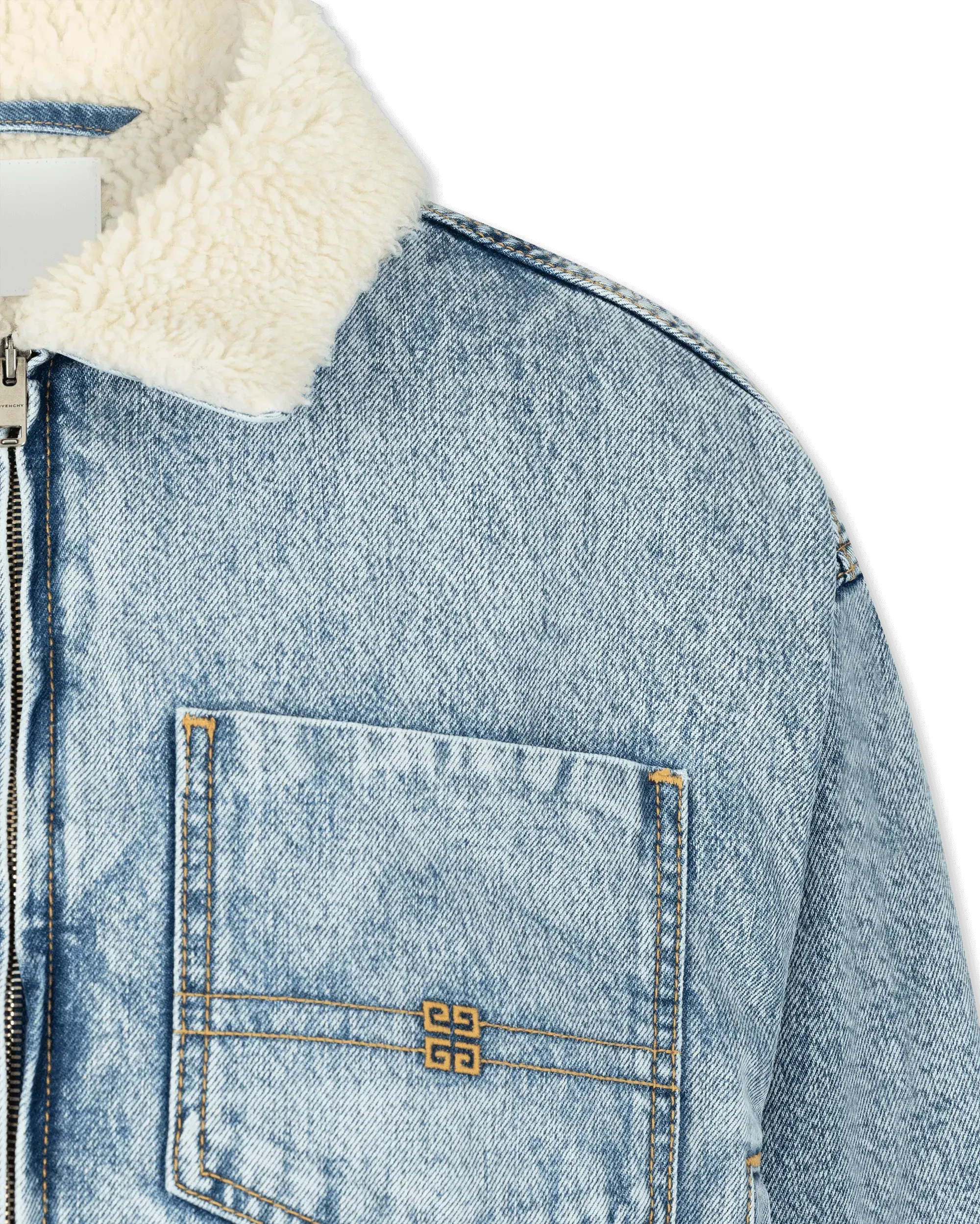 Bi Material Shearling Collar Cropped Denim Jacket