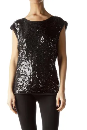 Black Front Sequined Sleeveless Blouse