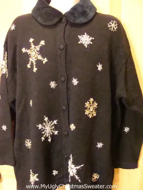 Black Funny Ugly Sweater Cardigan Furry Collar Snowflakes