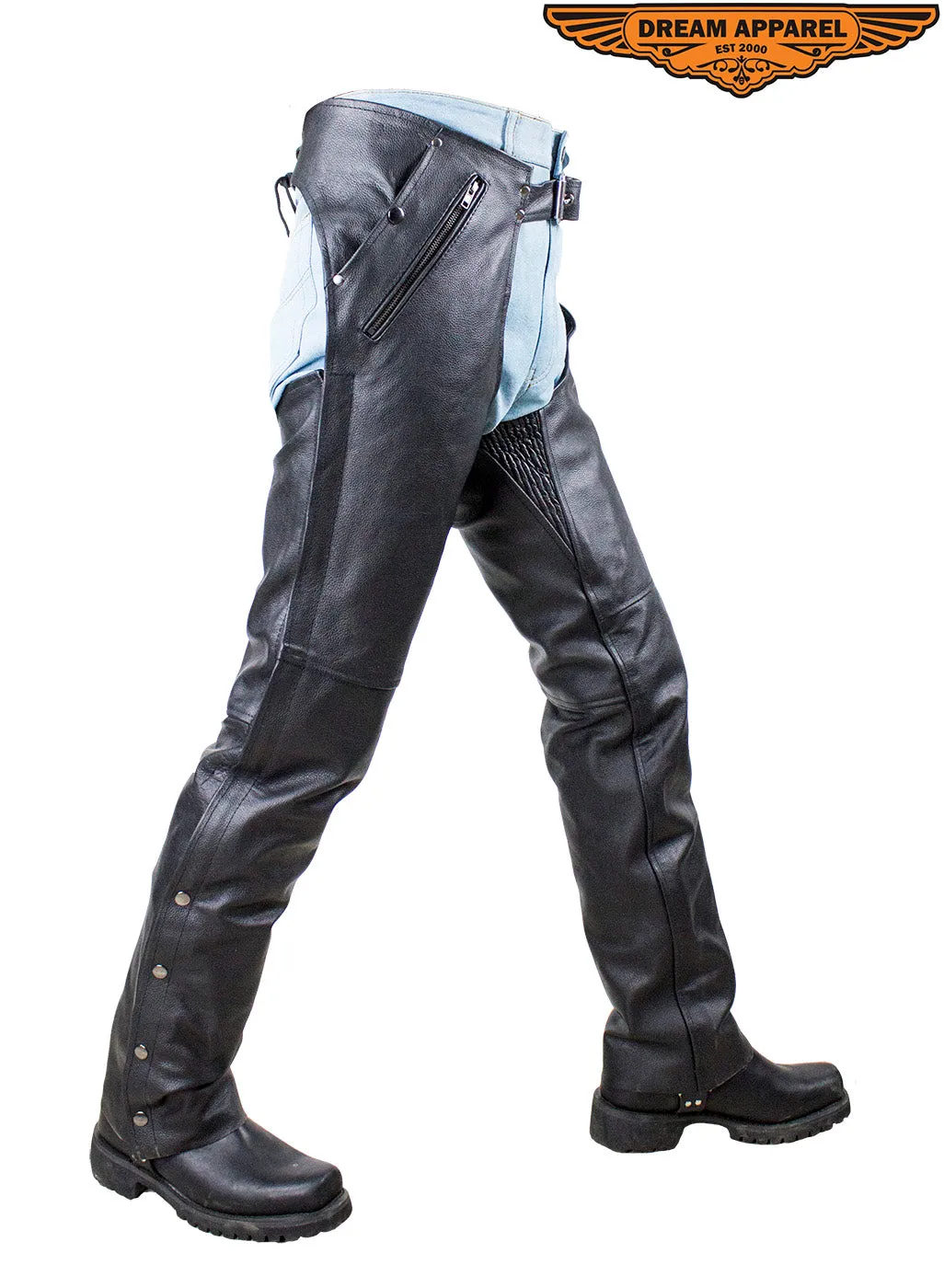 Black Multi-Pocket Leather Chaps with Removable lining