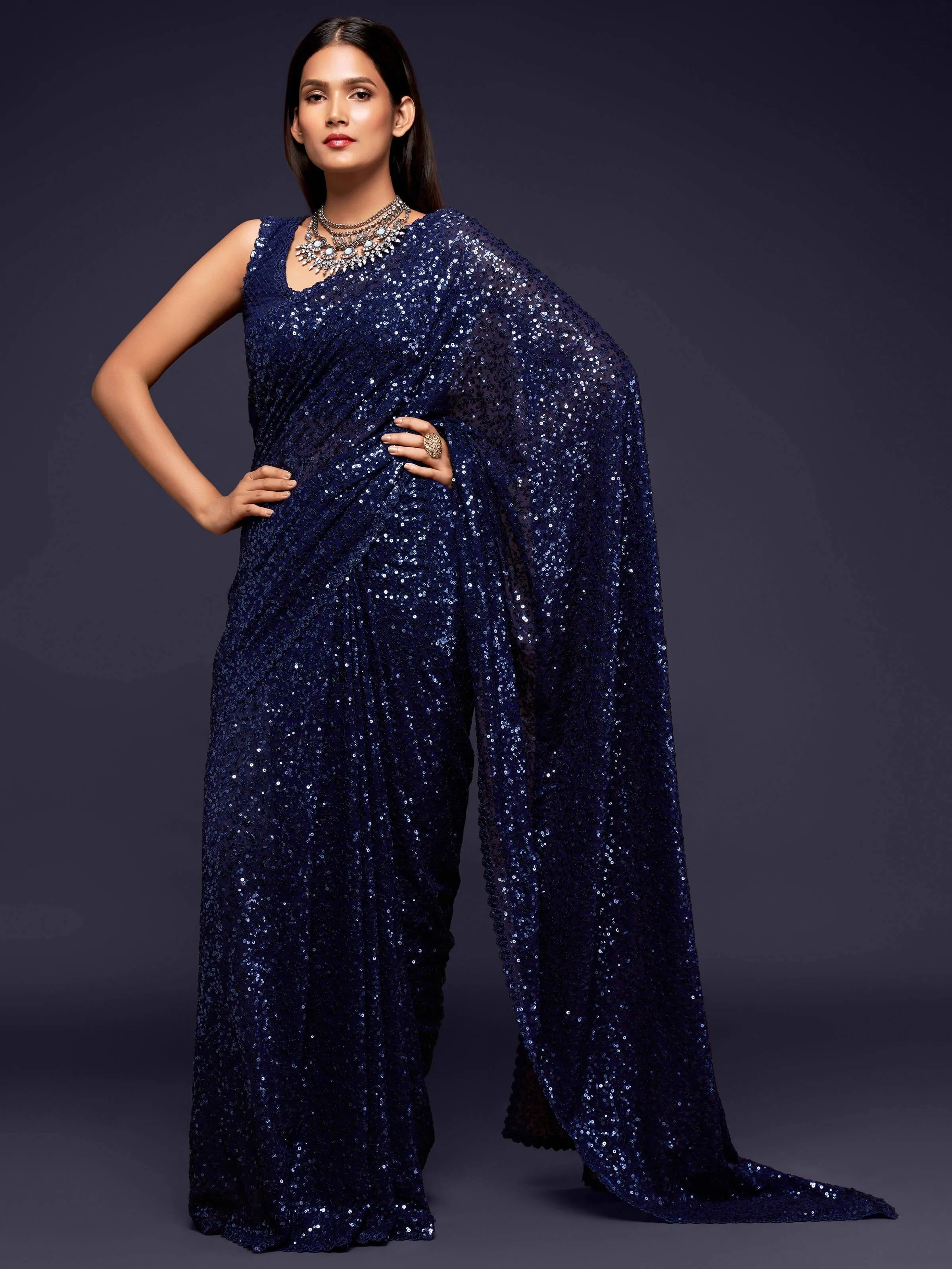 Blue Georgette Sequined Saree with Blouse