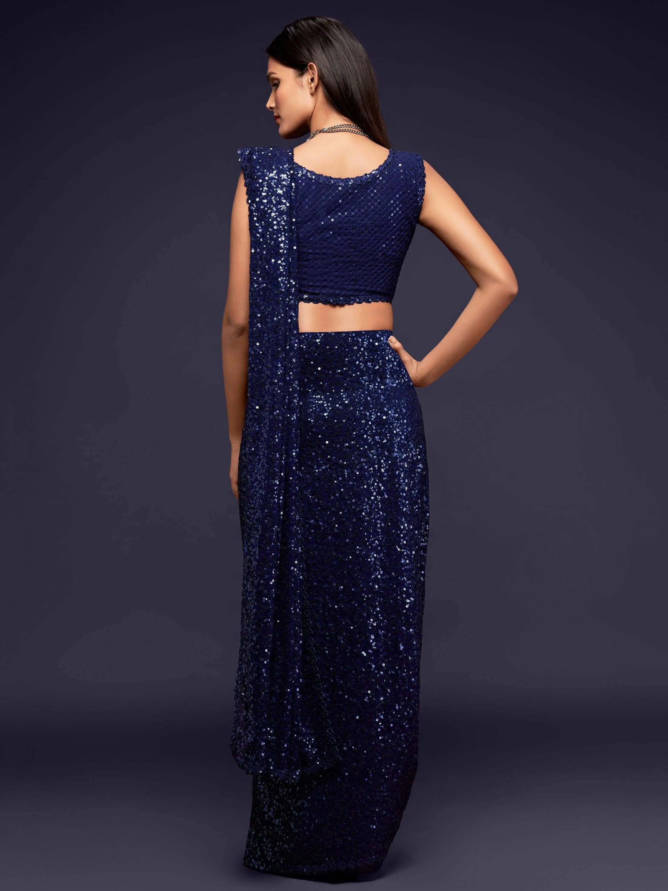 Blue Georgette Sequined Saree with Blouse