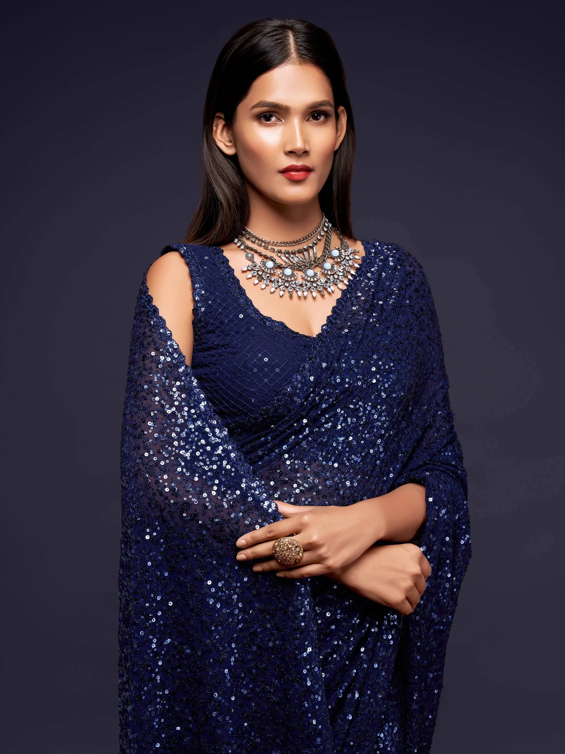 Blue Georgette Sequined Saree with Blouse