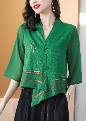 Boutique Green Asymmetrical Embroideried Silk Shirt Tops Bracelet Sleeve LY6691