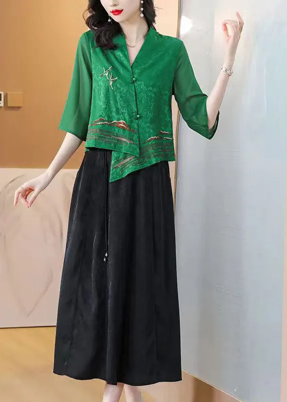 Boutique Green Asymmetrical Embroideried Silk Shirt Tops Bracelet Sleeve LY6691