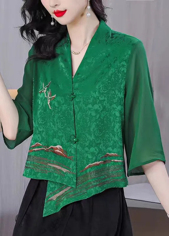 Boutique Green Asymmetrical Embroideried Silk Shirt Tops Bracelet Sleeve LY6691