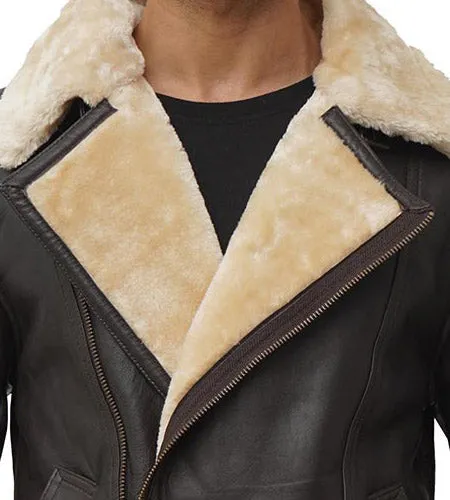 Brown Asymmetrical Faux Shearling Stylish Men's Leather Jacket by TJS