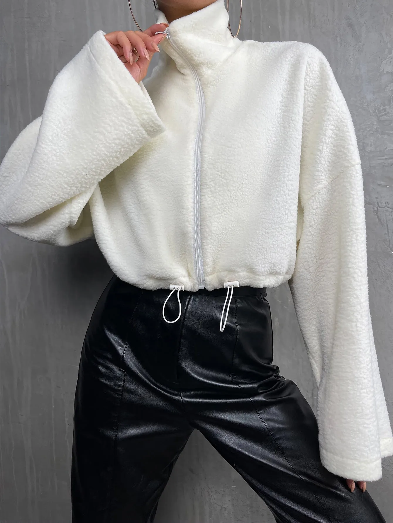 Casual Plain Zipper Long Sleeve Collar Crop Women Jacket