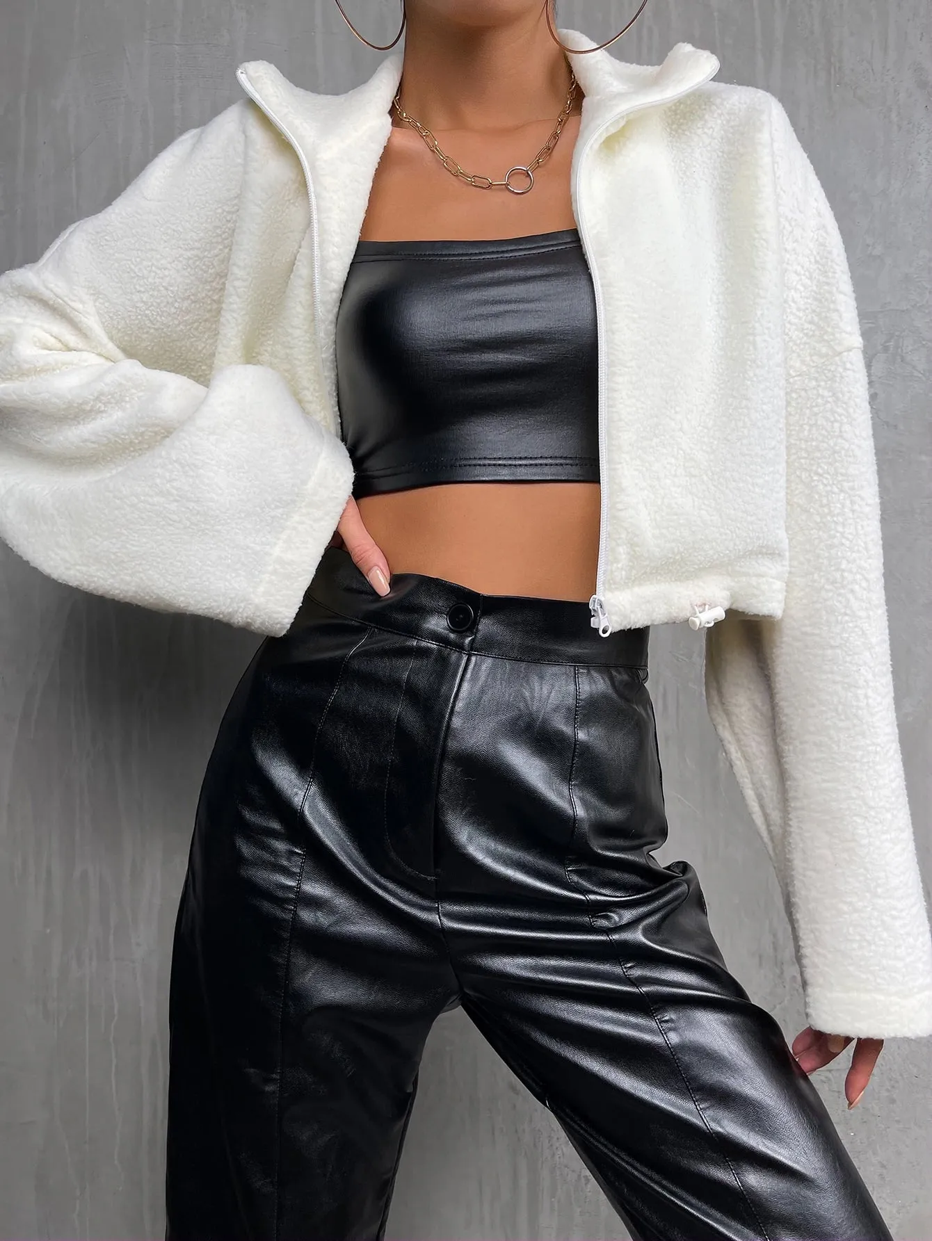 Casual Plain Zipper Long Sleeve Collar Crop Women Jacket