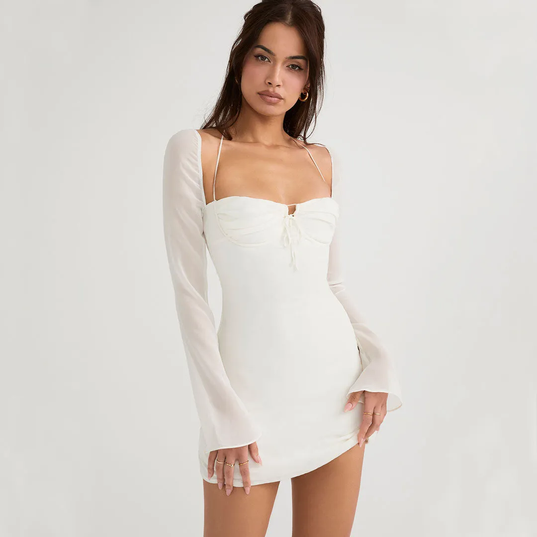 Chic Ruched Halter Neck Drawstring Long Sleeve Mini Dress - White