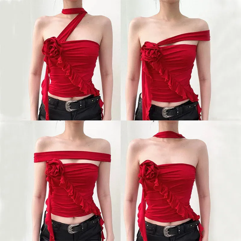 Choker Red Asymmetrical Ruffle Top