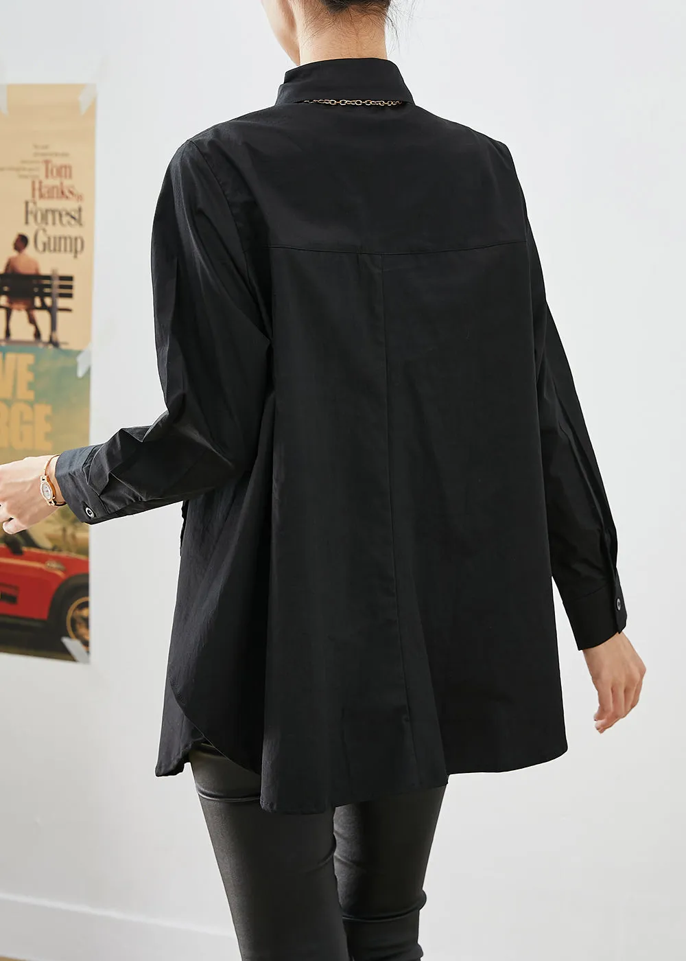 DIY Black Asymmetrical Patchwork Cotton Shirt Tops Fall LY9280