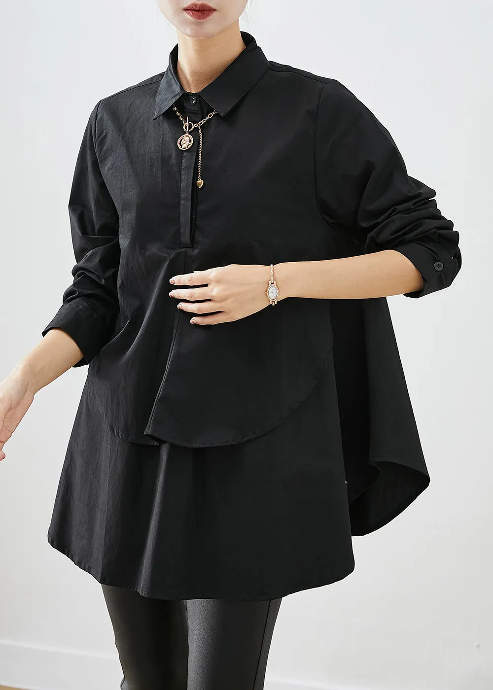 DIY Black Asymmetrical Patchwork Cotton Shirt Tops Fall LY9280