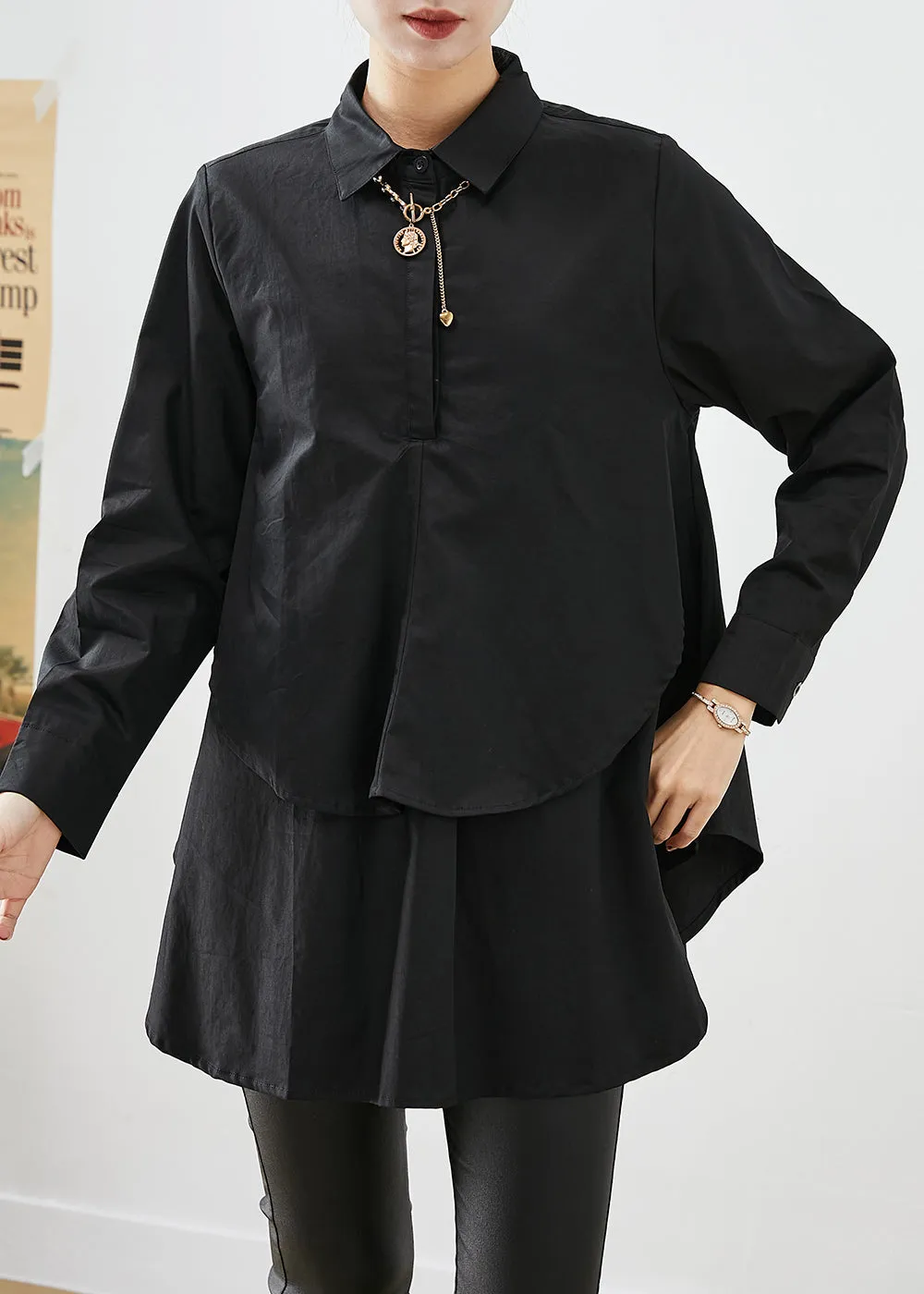 DIY Black Asymmetrical Patchwork Cotton Shirt Tops Fall LY9280