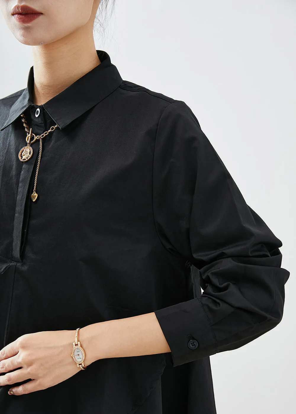 DIY Black Asymmetrical Patchwork Cotton Shirt Tops Fall LY9280