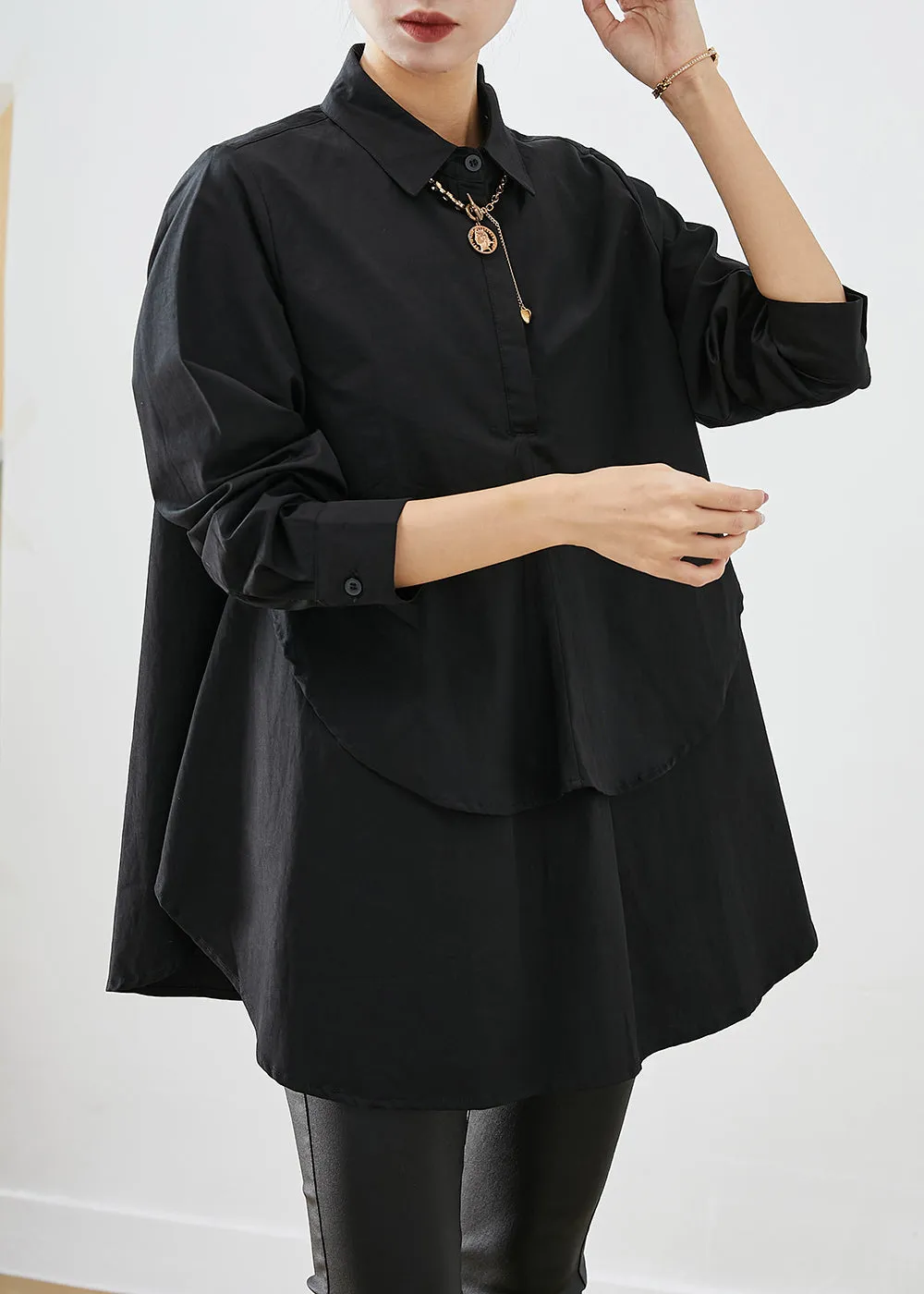 DIY Black Asymmetrical Patchwork Cotton Shirt Tops Fall LY9280