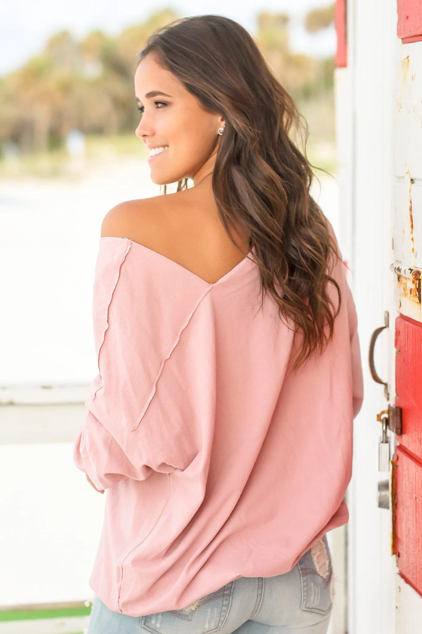 Dusty Rose Long Sleeve Top with Asymmetrical Neckline