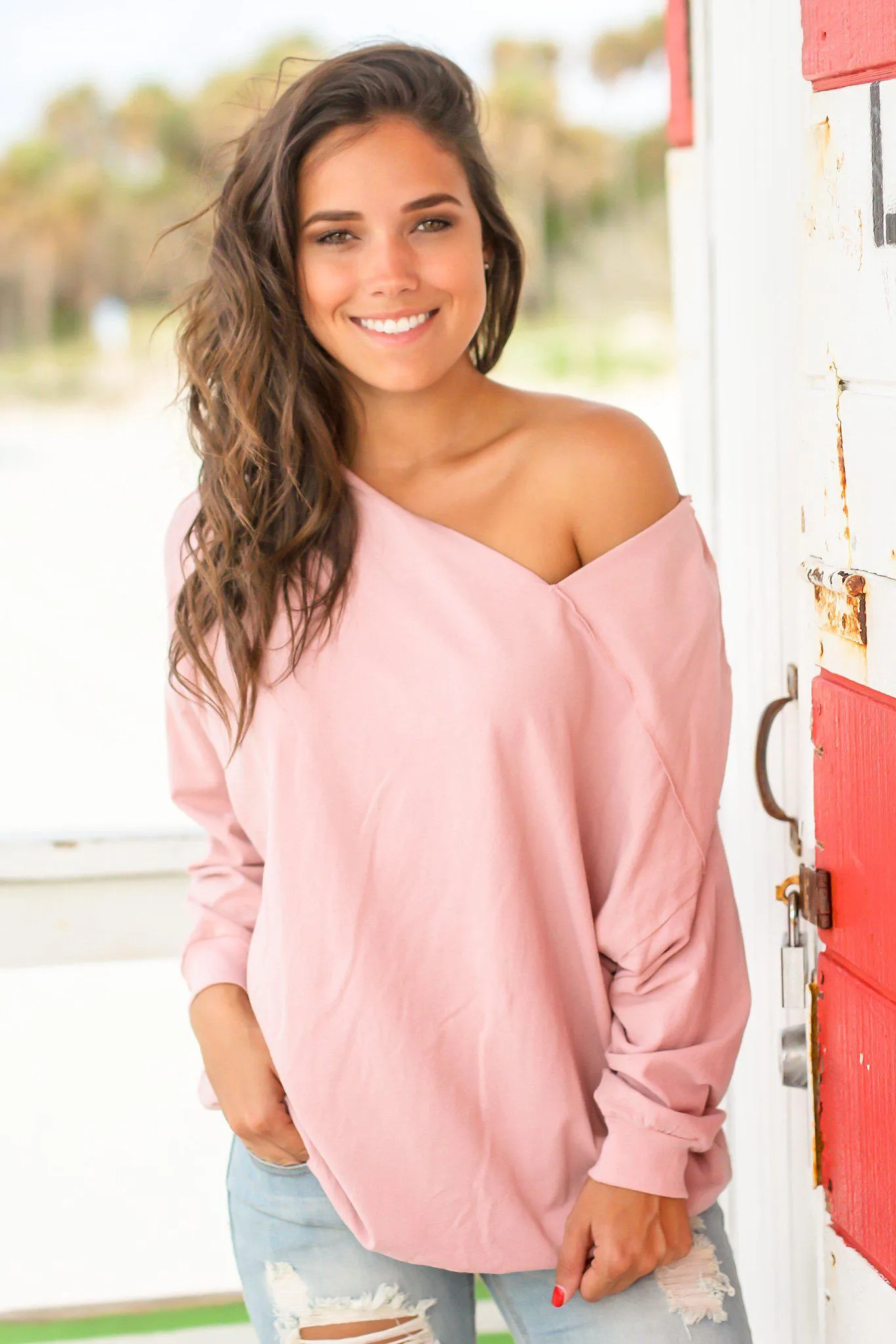 Dusty Rose Long Sleeve Top with Asymmetrical Neckline