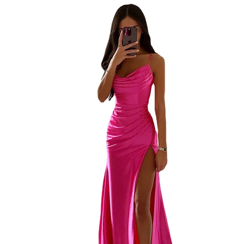 Elegant Fashionable Sexy Summer Solid Slit Pleated Maxi Bodycon Dress