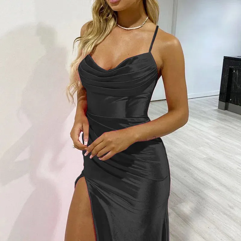 Elegant Fashionable Sexy Summer Solid Slit Pleated Maxi Bodycon Dress