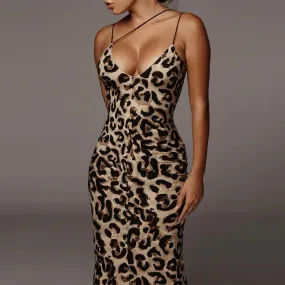 Elegant Sexy Spaghetti Strap Leopard Print V-neck Maxi Evening Party Bodycon Dress