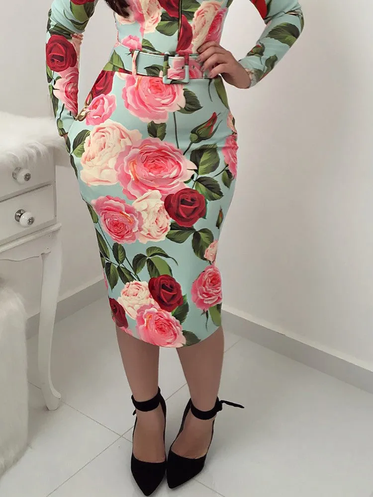 Fashion Atmospheric Round Neck Rose Printed Long Sleeve Bodycon Dresses