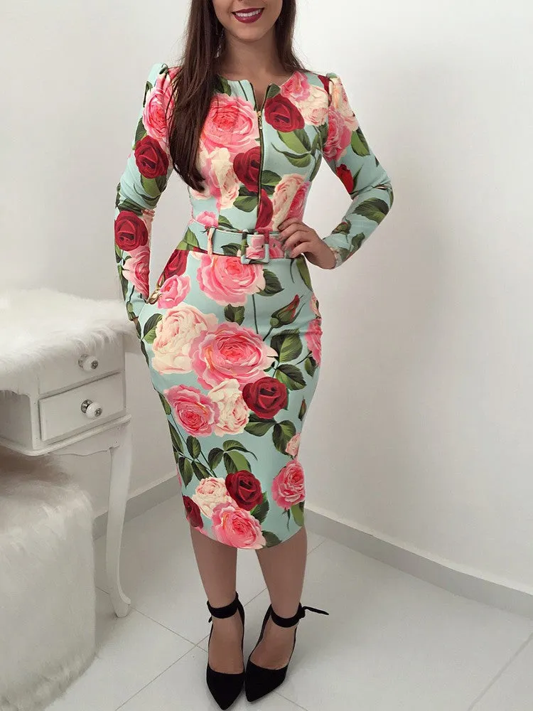 Fashion Atmospheric Round Neck Rose Printed Long Sleeve Bodycon Dresses