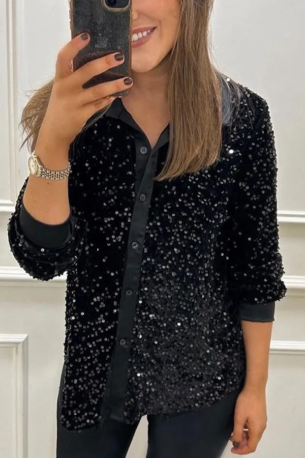 Fashion Velvet Sequined Loose Casual Long-sleeved Shirt