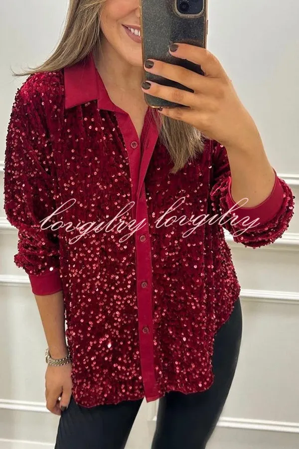 Fashion Velvet Sequined Loose Casual Long-sleeved Shirt