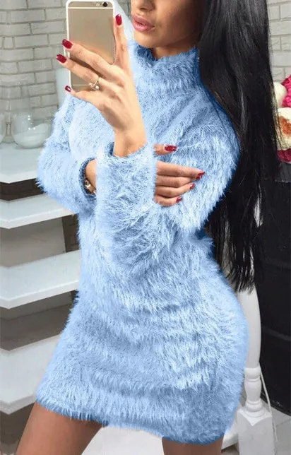 Fashion warm furry high neck long sleeve sweater wrap hip dress