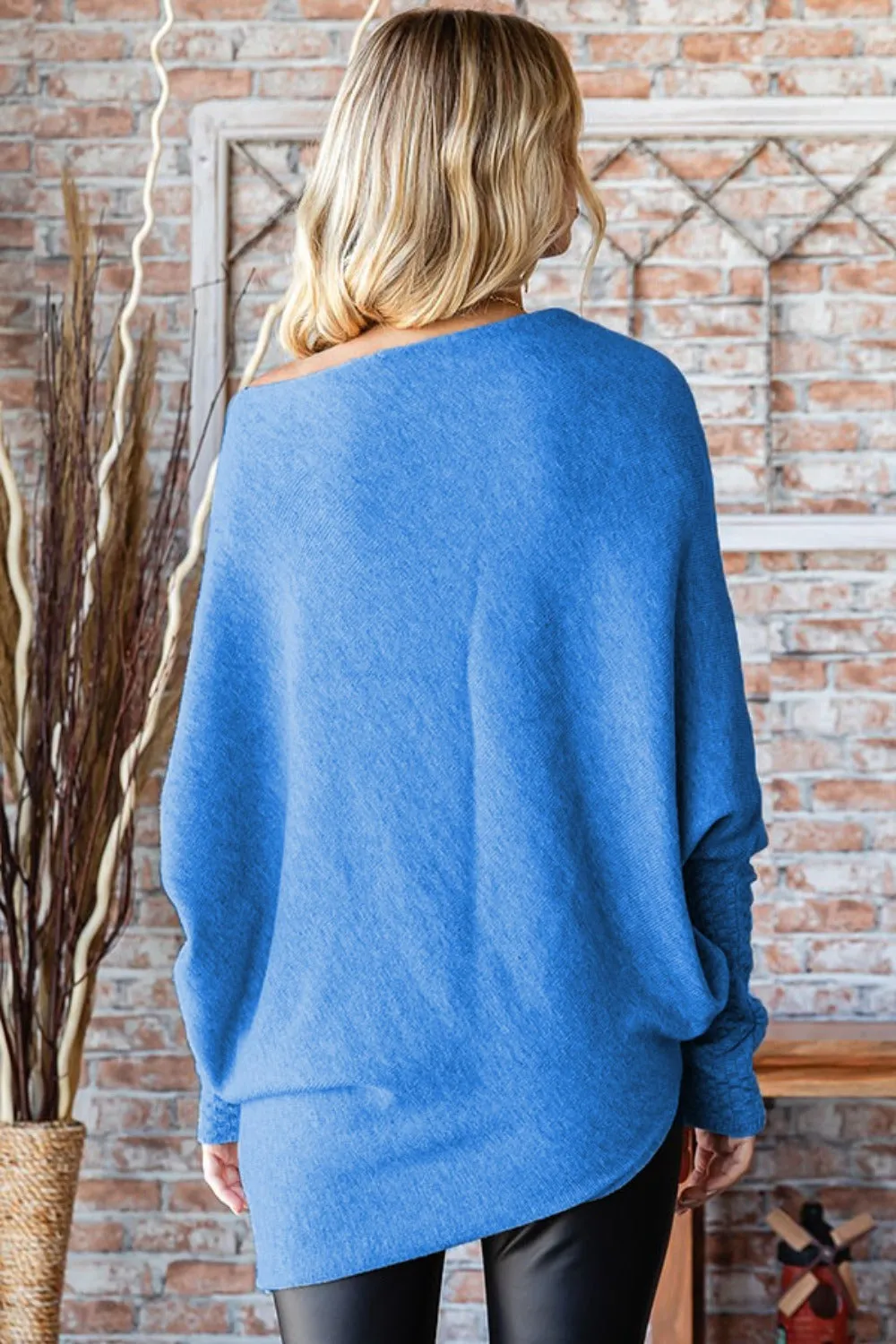 French Blue Asymmetrical Hem Dolman Sleeve Sweater - Chic Style