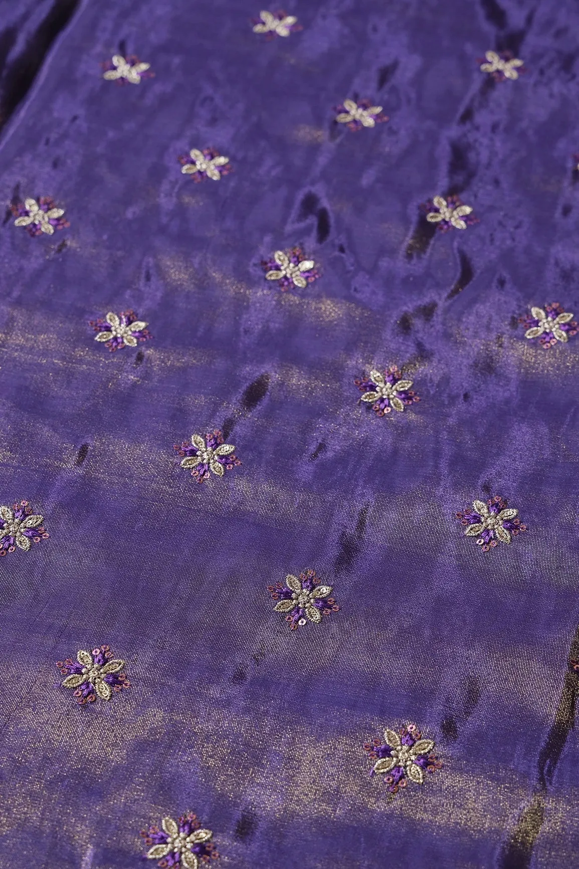 Gold Sequins And Zari Floral Booti Embroidery Work On Purple Pure Viscose Zari Tissue Fabric