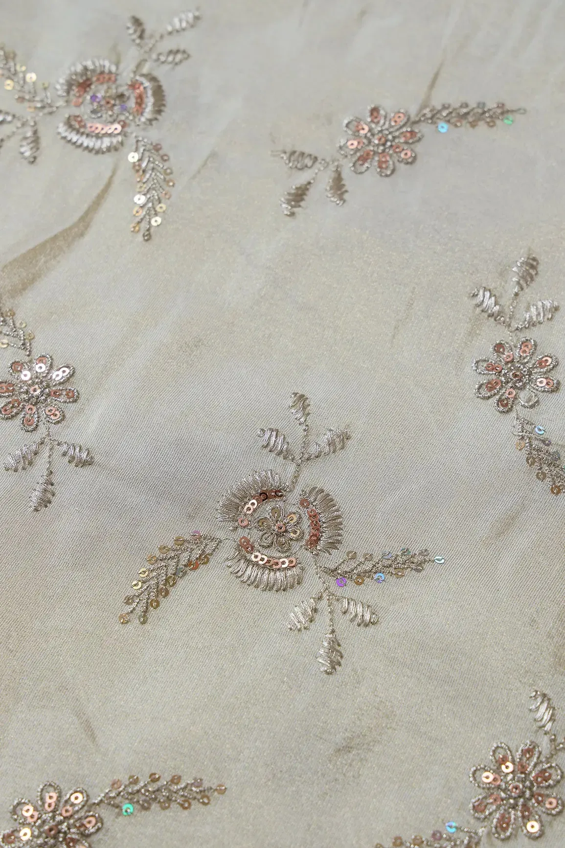 Gold Sequins And Zari Floral Embroidery Work On Pure Dyeable Viscose Zari Tissue Fabric