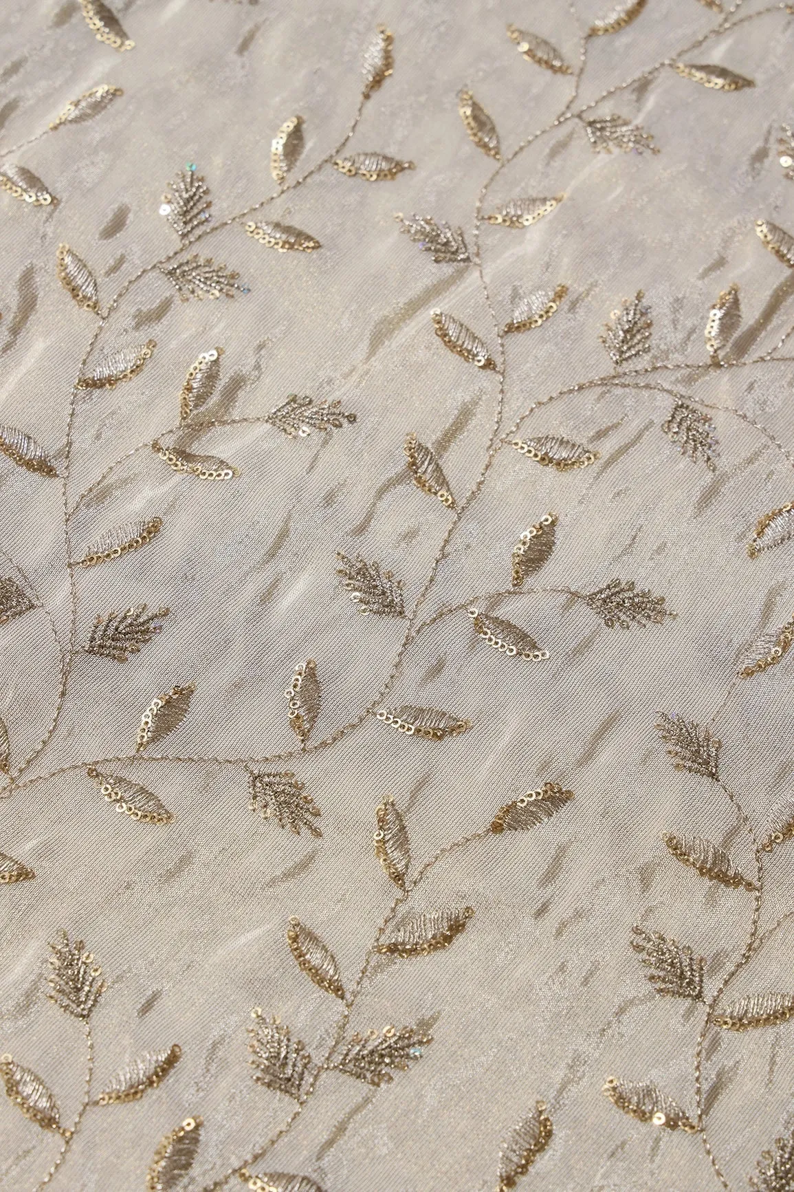 Gold Sequins And Zari Leafy Embroidery Work On Dyeable Pure Viscose Zari Tissue Fabric