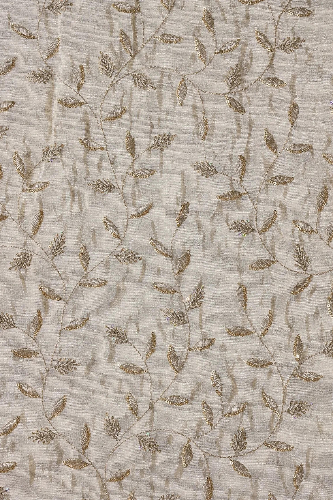 Gold Sequins And Zari Leafy Embroidery Work On Dyeable Pure Viscose Zari Tissue Fabric