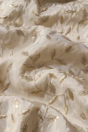 Gold Sequins And Zari Leafy Embroidery Work On Dyeable Pure Viscose Zari Tissue Fabric