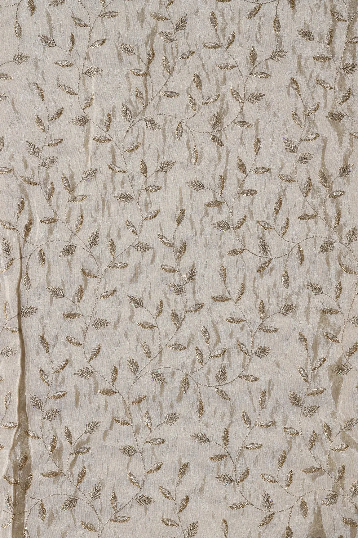 Gold Sequins And Zari Leafy Embroidery Work On Dyeable Pure Viscose Zari Tissue Fabric