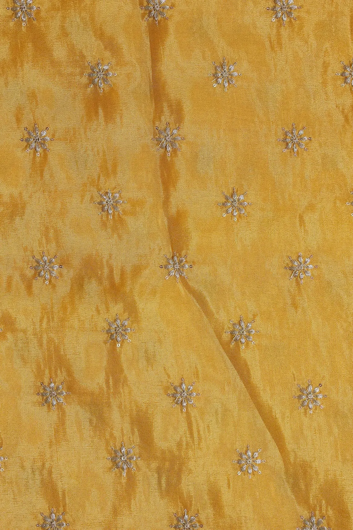 Gold Zari With Sequins Small Floral Booti Embroidery Work On Yellow Pure Viscose Zari Tissue Fabric