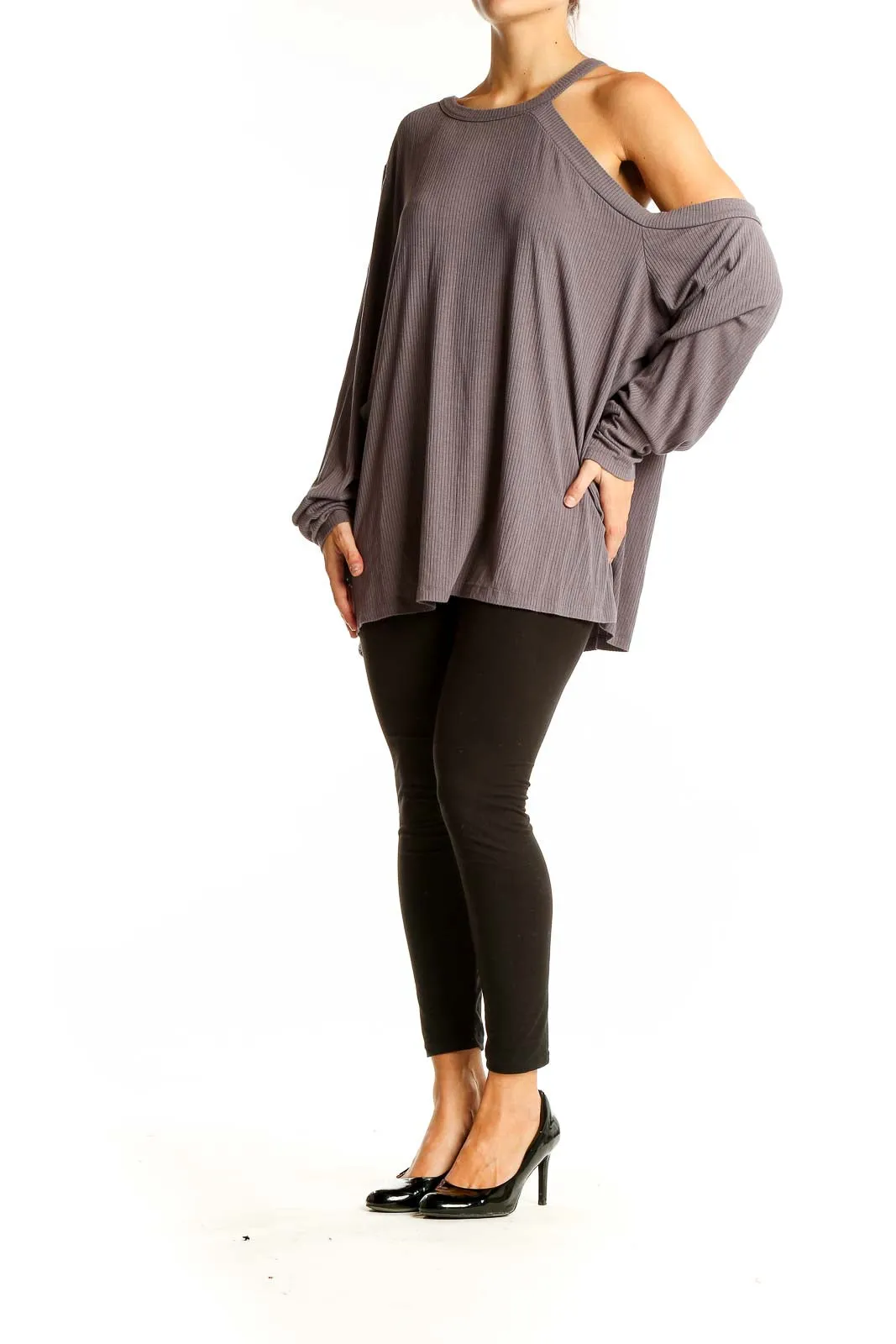 Gray Asymmetrical Cold Shoulder Ribbed Top