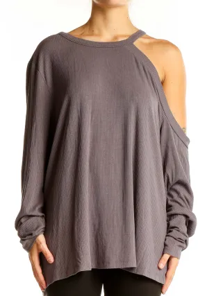 Gray Asymmetrical Cold Shoulder Ribbed Top