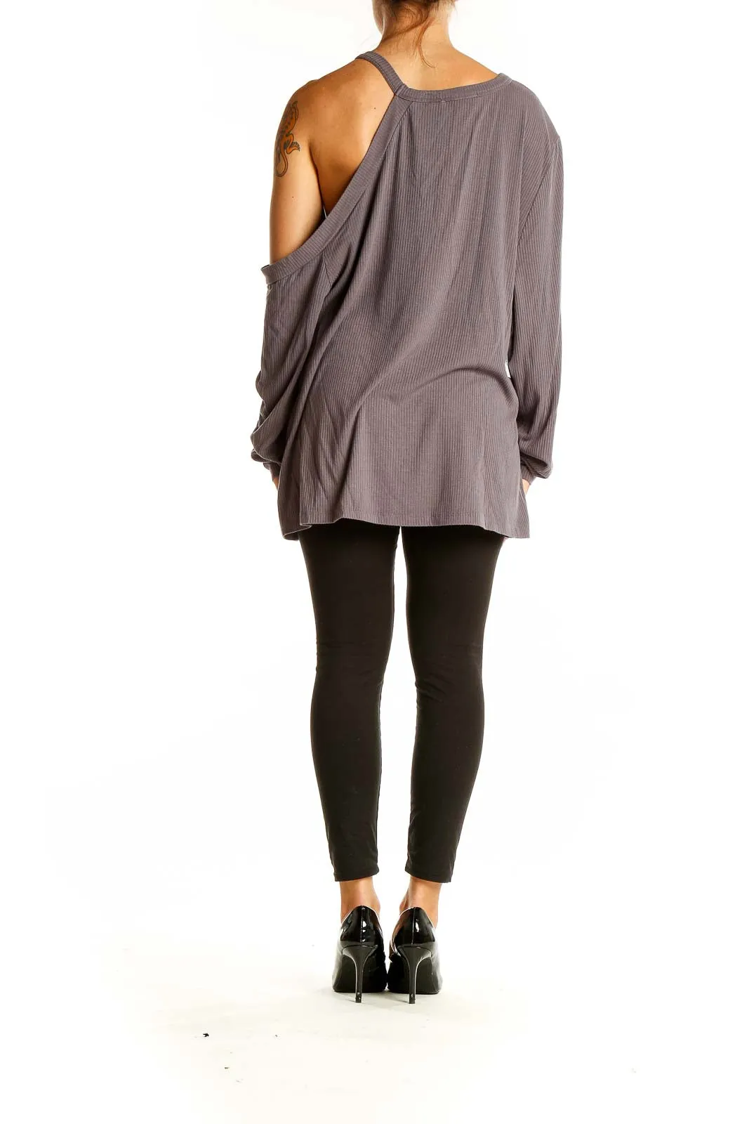 Gray Asymmetrical Cold Shoulder Ribbed Top