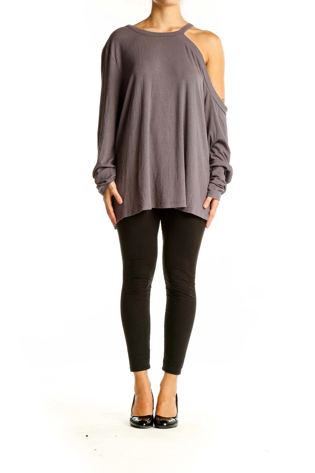 Gray Asymmetrical Cold Shoulder Ribbed Top