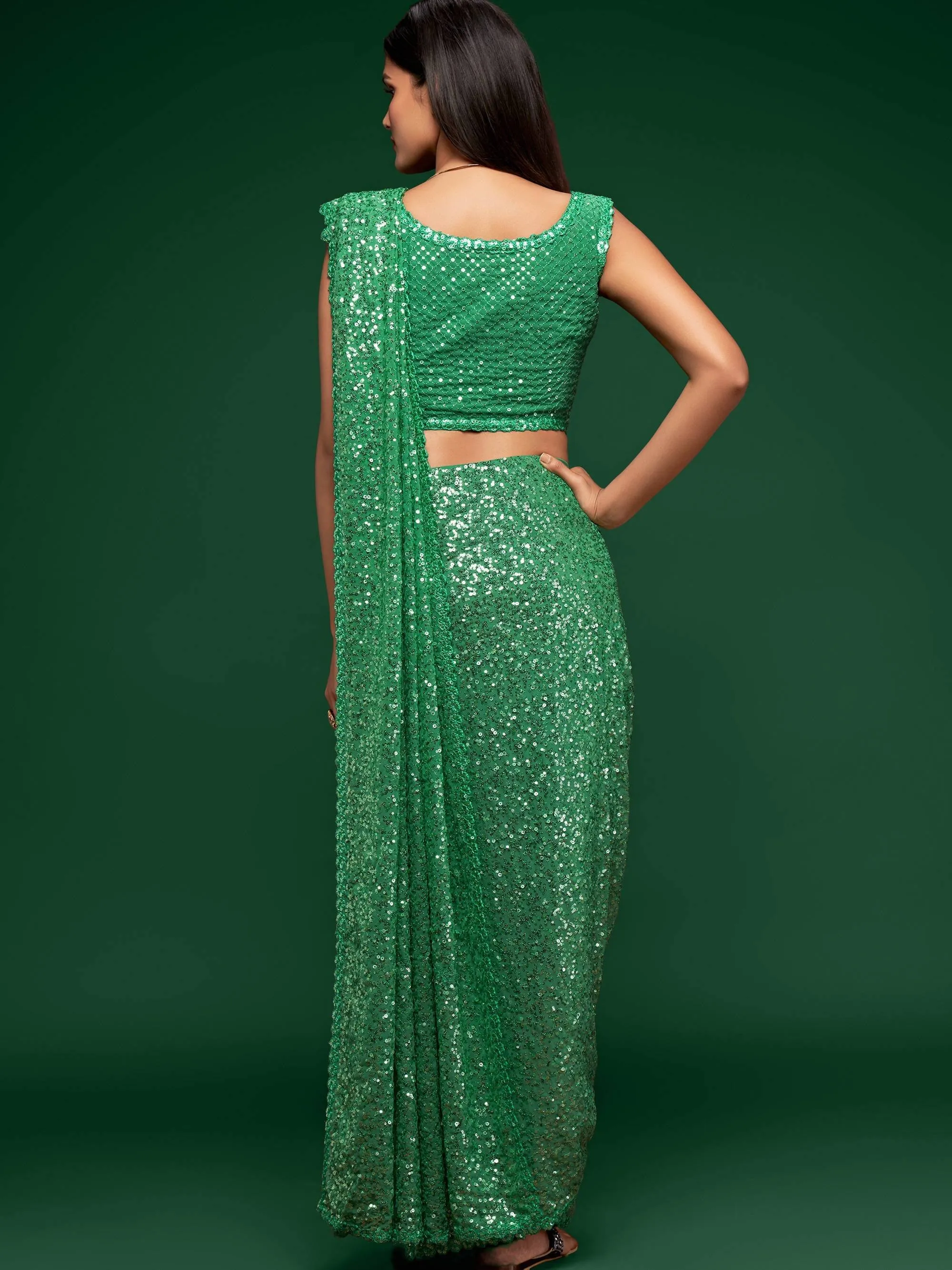 Green Georgette Sequined Saree