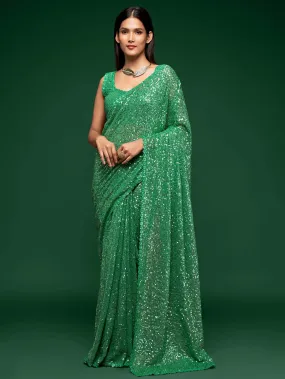 Green Georgette Sequined Saree