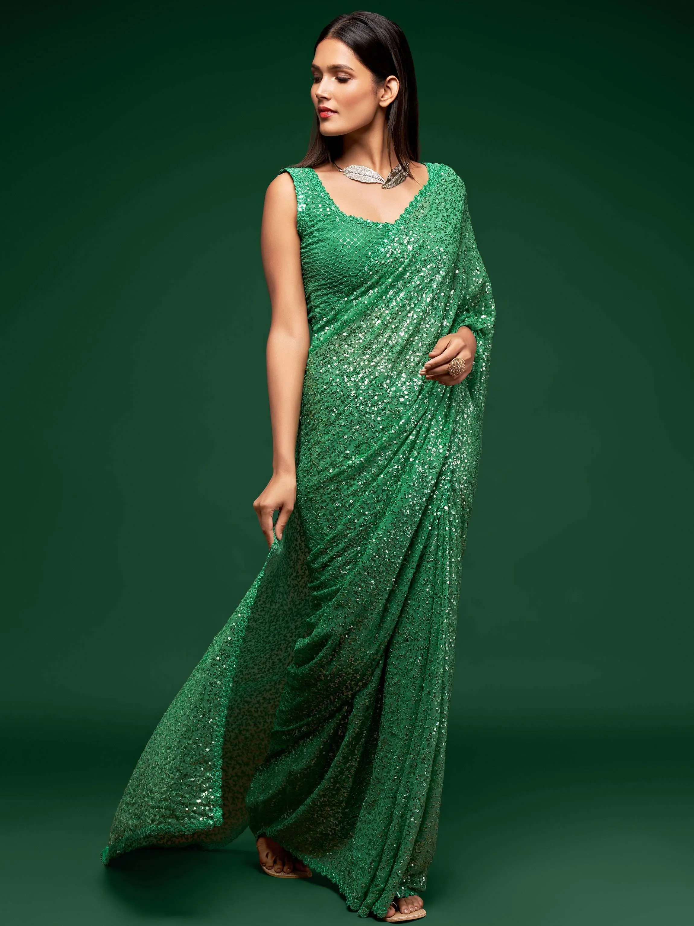 Green Georgette Sequined Saree