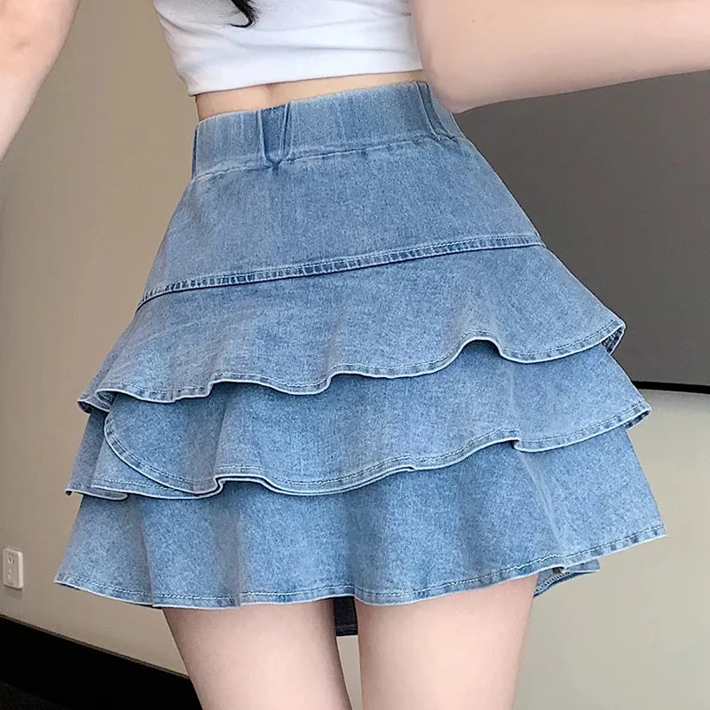 High Waist Women Denim Mini Skirts Y2k Pleated Skirt Layered Ruffle Hem Flowy A-line Short Lingerie Skirts Jeans Skirt Fashion